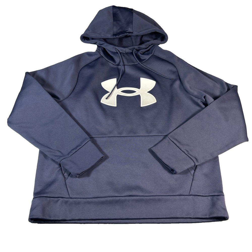 Under Armour Unisex Kids Cold Gear Hoodie Navy Blue Logo Pullover Size L